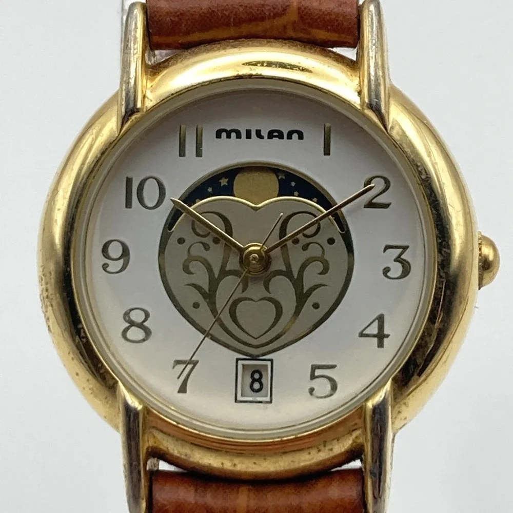 Milan Women's Moon Phase Watch Gold Tone Date 25mm Heart New Battery SMALL 7.5